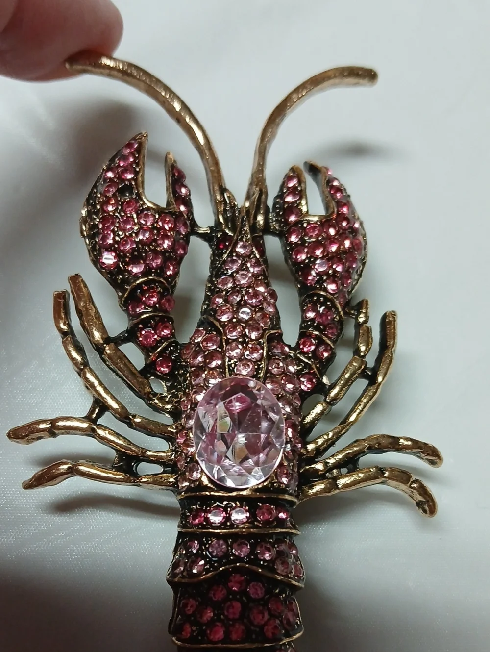Large Lobster Brooch Pin Goldtone Metal Encrusted w/ Pink Crystals RARE Jewelry